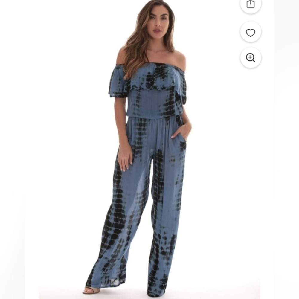 Riviera Sun Rayon Crepe Blue & Black Tie-dye Jumpsuit Large Boho Hippie Festival